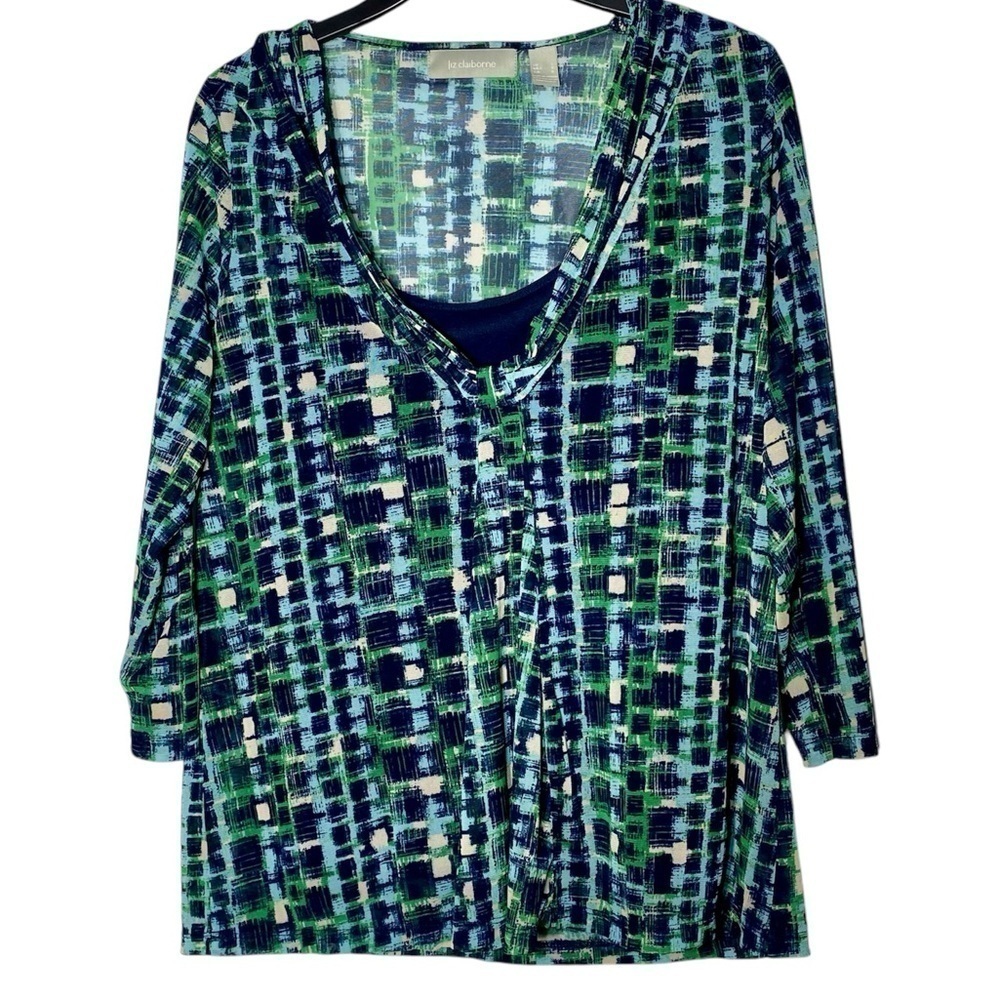 Liz Claiborne Blouse Women's L Green/Blue Geometric 3/4 Sleeve W/Cami Sheer Top
